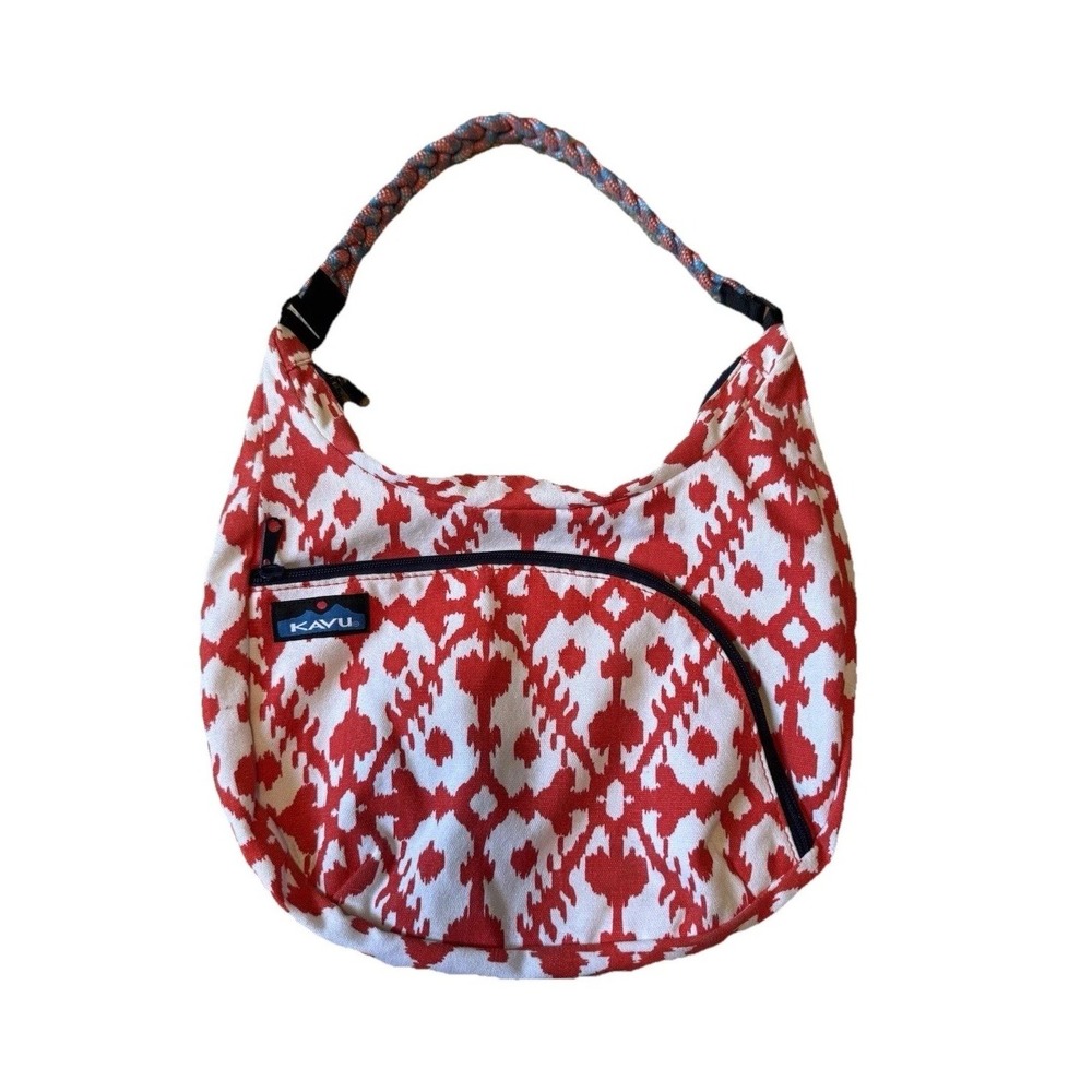KAVU  Hobo Shoulder Bag Purse Handbag Red & White Braided Shoulder Strap